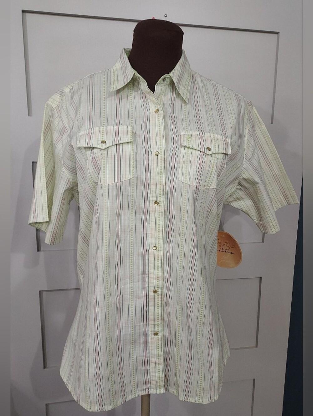 Aura By Wrangler Light Green Multi-Striped Ladies Western Cowgirl SS Shirt